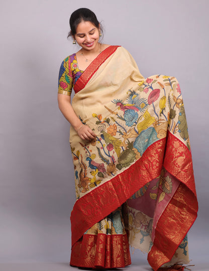 Cream Hand Painted Pen Kalamkari Silk Saree