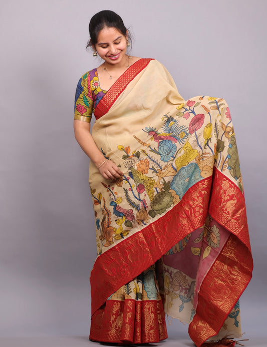 Cream Hand Painted Pen Kalamkari Silk Saree