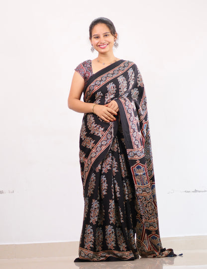 Black Ajrakh Modal Silk Saree