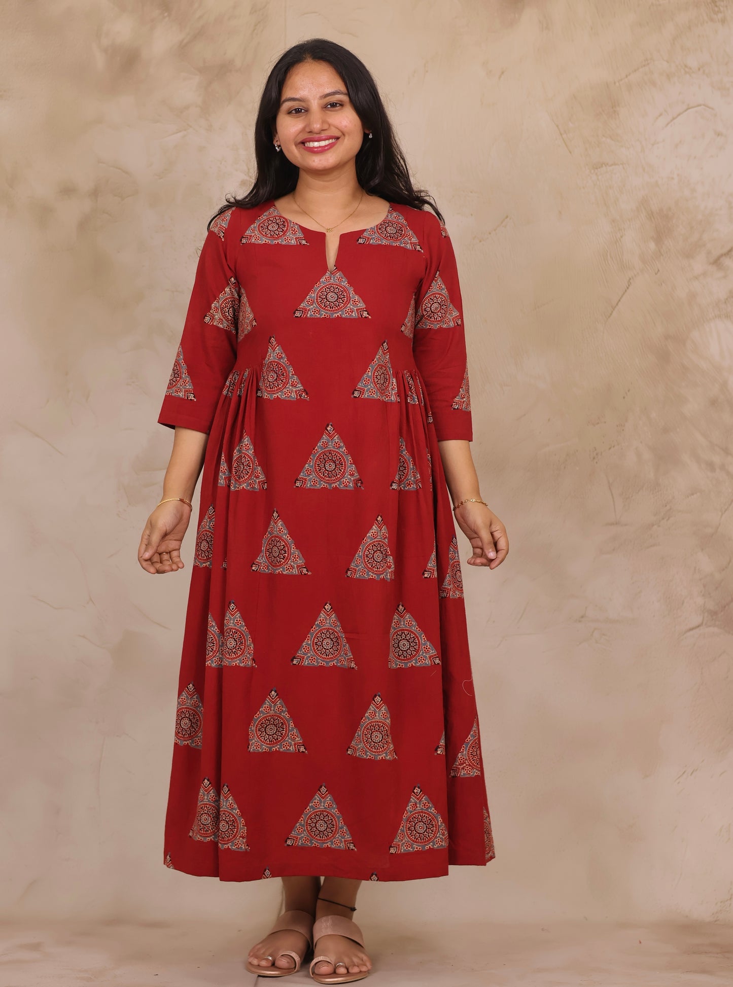 Red Pure Mul Cotton Ajrakh Aline Dress | Looms & Tassels