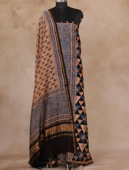 Chanderi Silk Cotton Ajrakh Handblock Printed 2 Piece Suit Set | Looms & Tassels