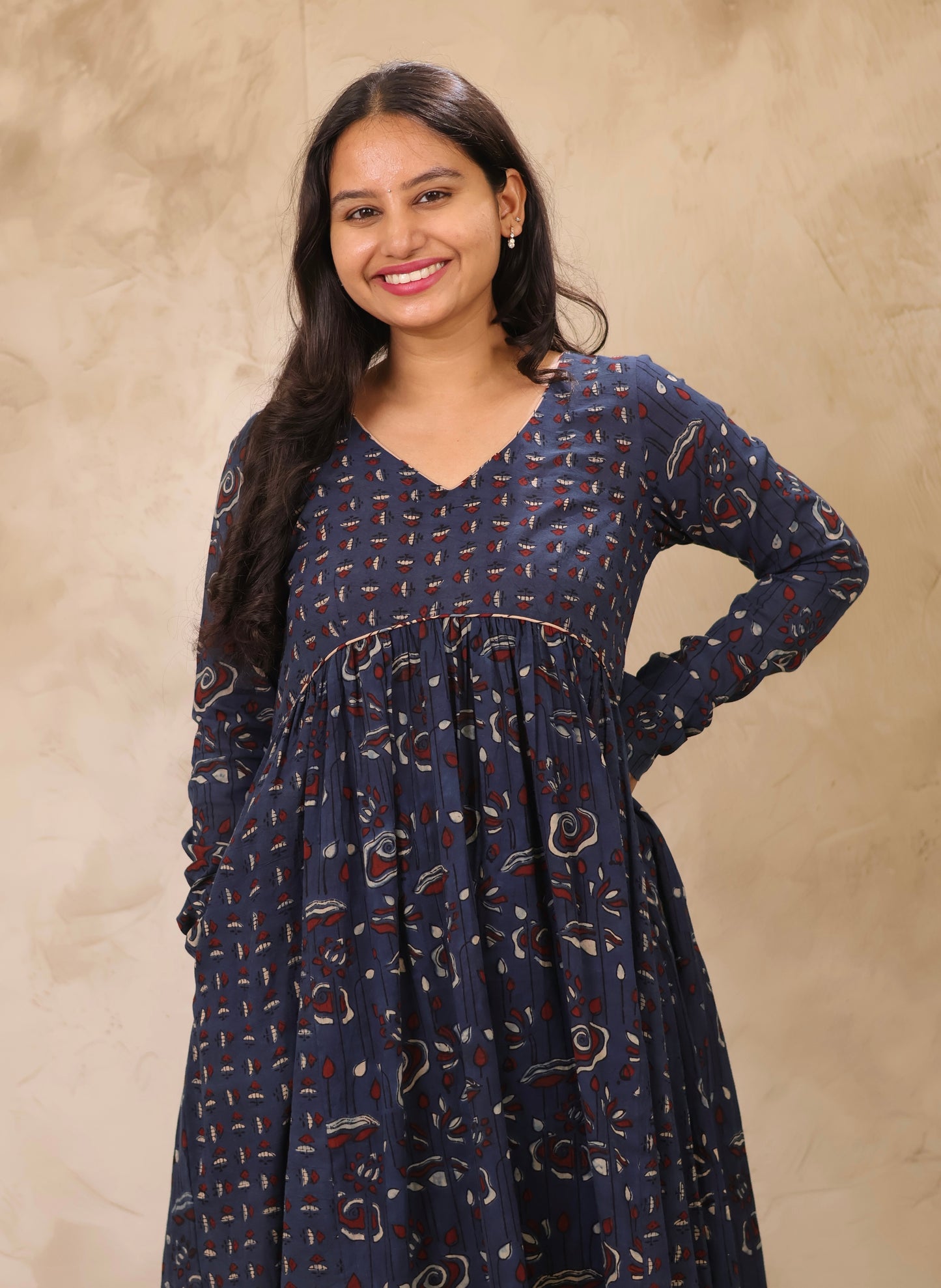 Indigo Ajrakh Hand Block Printed Pure Mul Cotton Aline Kurta | Looms & Tassels