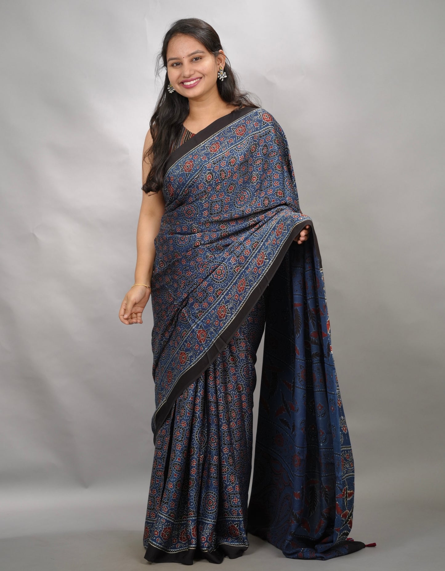 Indigo Blue Authentic Ajrakh Handblock Printed Modal Silk Saree | Looms & Tassels