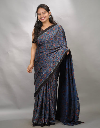 Indigo Blue Authentic Ajrakh Handblock Printed Modal Silk Saree | Looms & Tassels
