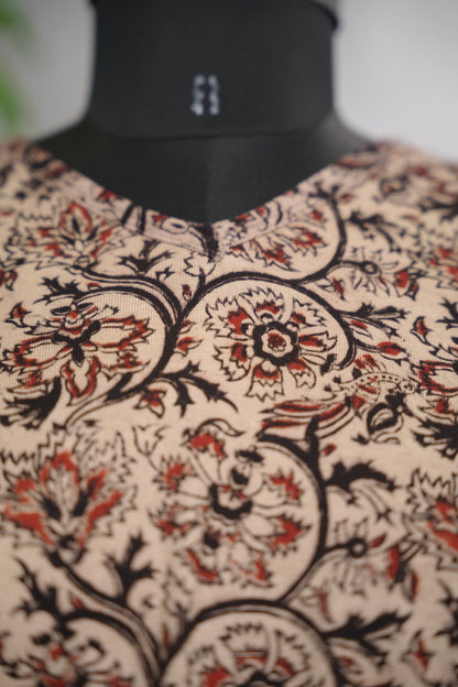 Cream V Neck Stretchable Hand block printed kalamkari blouse