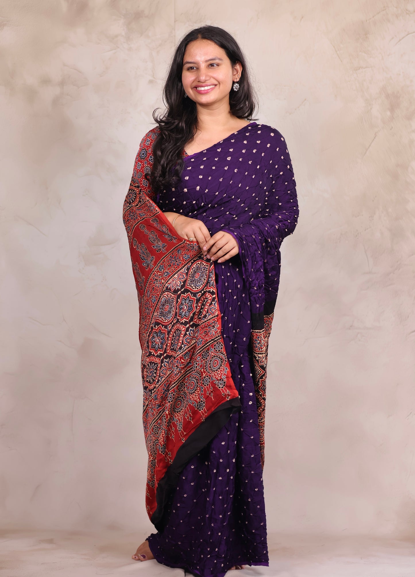 Purple Hand Knotted Bandhej Modal Silk Saree with Ajrakh Pallu | Looms & Tassels