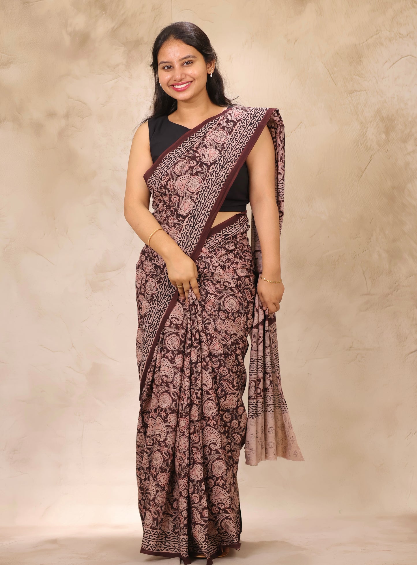 Deep Maroon Hand Block Printed Kalamkari Cotton Saree | Looms & Tassels