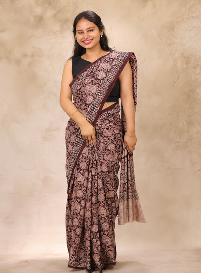 Deep Maroon Hand Block Printed Kalamkari Cotton Saree | Looms & Tassels