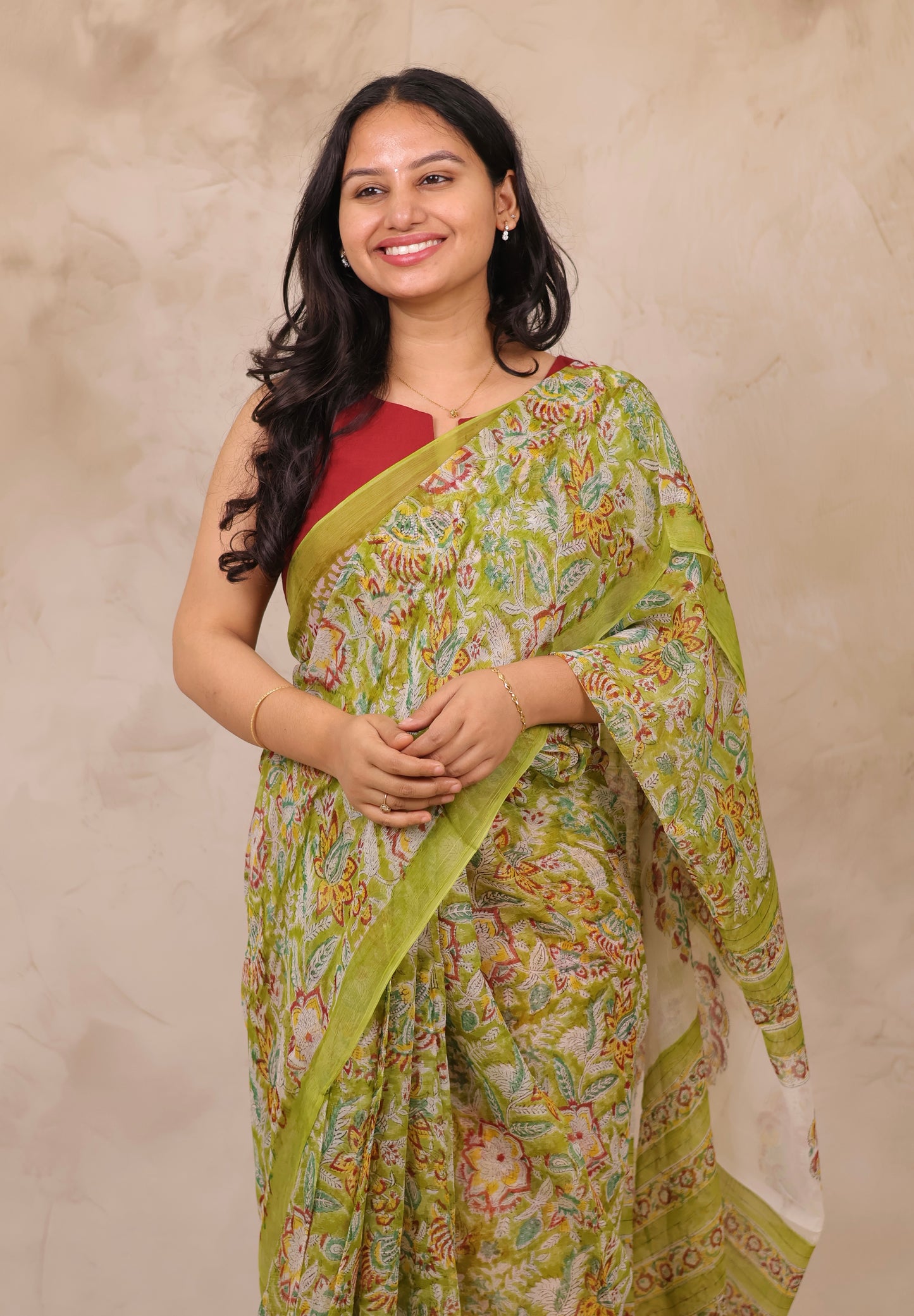 Green Chiffon Hand Block Printed Saree | Looms & Tassels