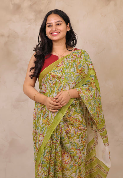 Green Chiffon Hand Block Printed Saree | Looms & Tassels