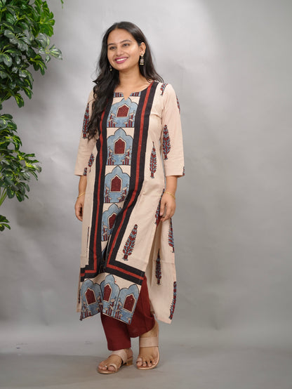 Cream Ajrakh Pattern Hand Block printed Kurti | Looms & Tassels