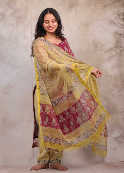 Handblock printed kota 3 piece suit (stitched)