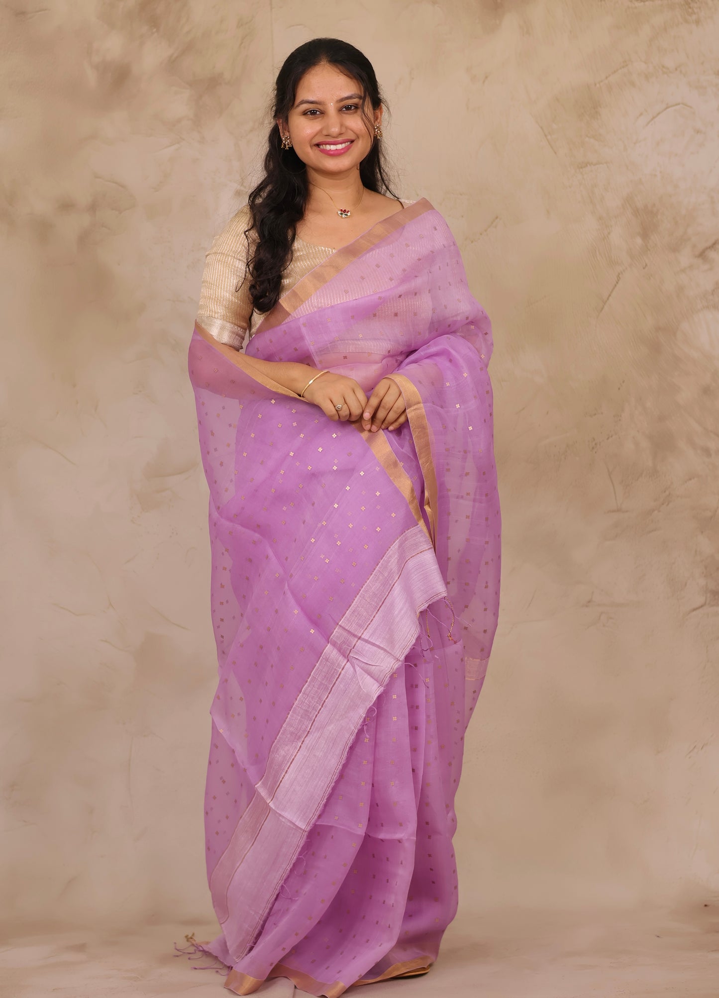 Pastel Lavender Handwoven Muslin Silk Saree With Sequence Work | Looms & Tassels