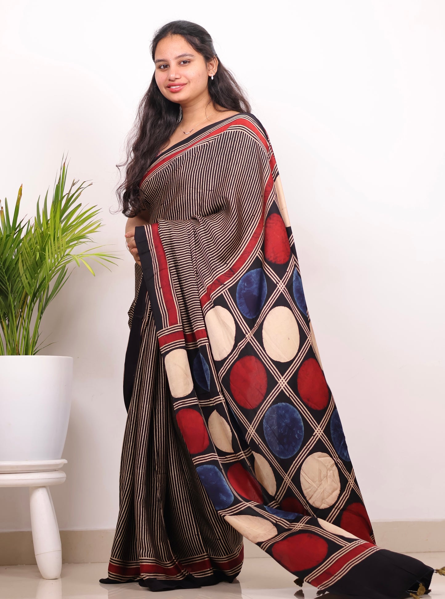 Black Stripes Contemporary Authentic Ajrakh Modal Silk Saree | Looms & Tassels