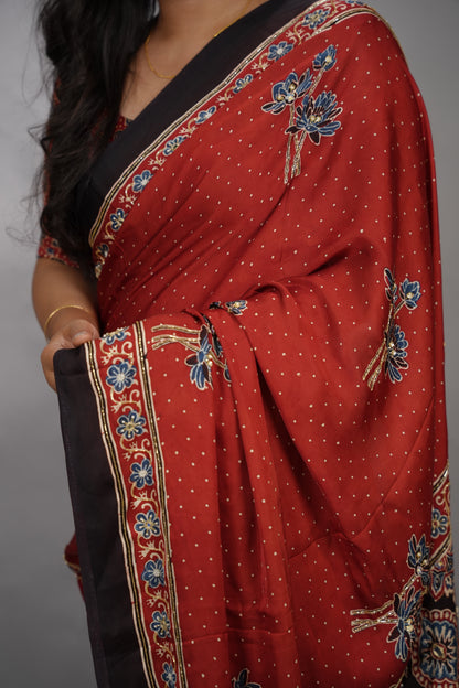 Maroon Ajrakh Modal Silk Hand Embroidery Saree  | Looms & Tassels