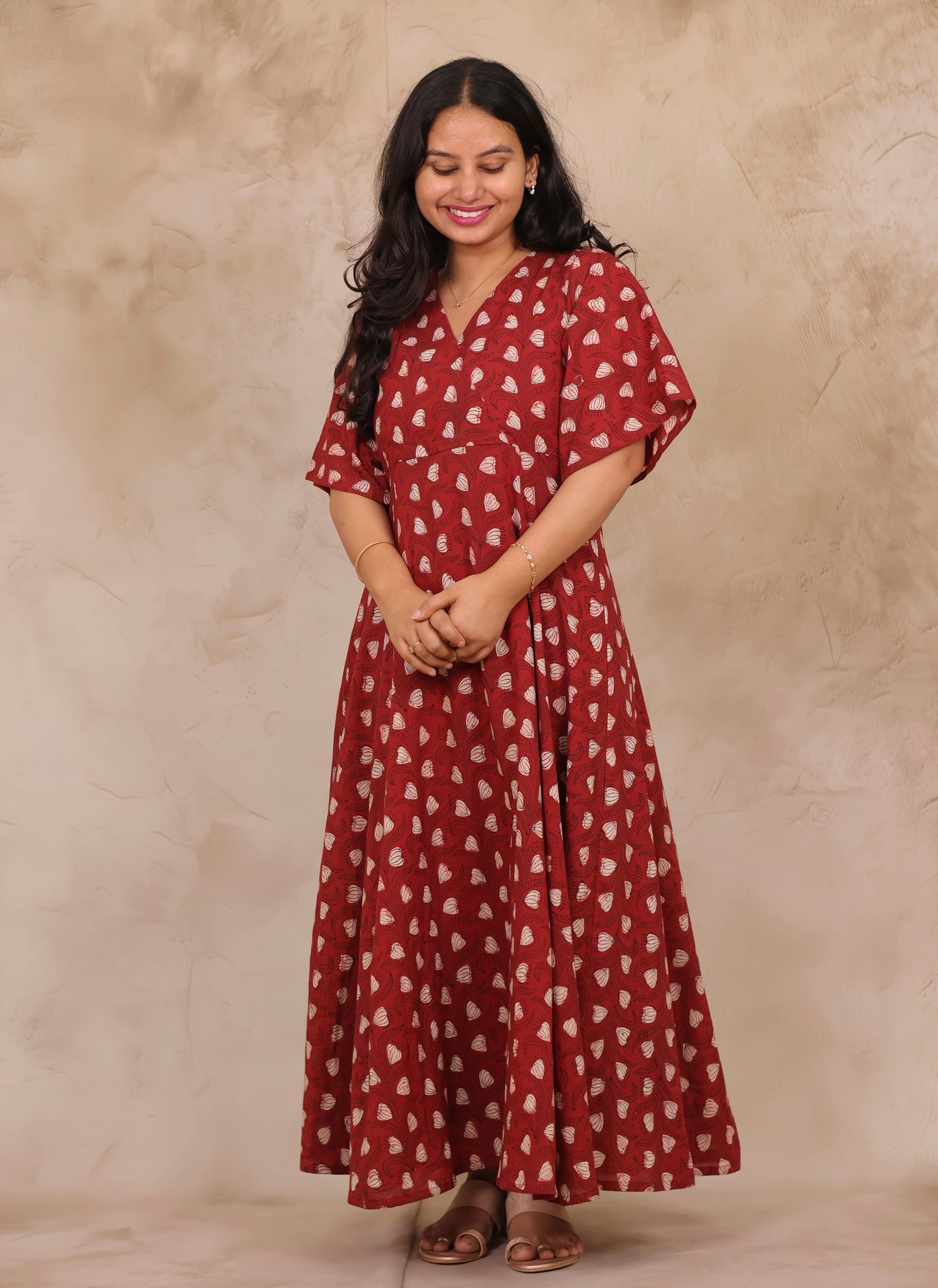 Rust Red Hand Block Printed Pure Mul Cotton Maxi Dress | Looms & Tassels