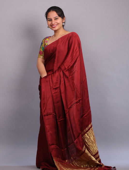 Maroon Plain Modal Silk Saree with Lagdi Pallu | Looms & Tassels