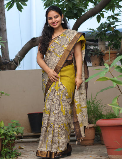 Mustard Traditional Folks Kalamkari Silk Handcrafted Nizam Border Saree