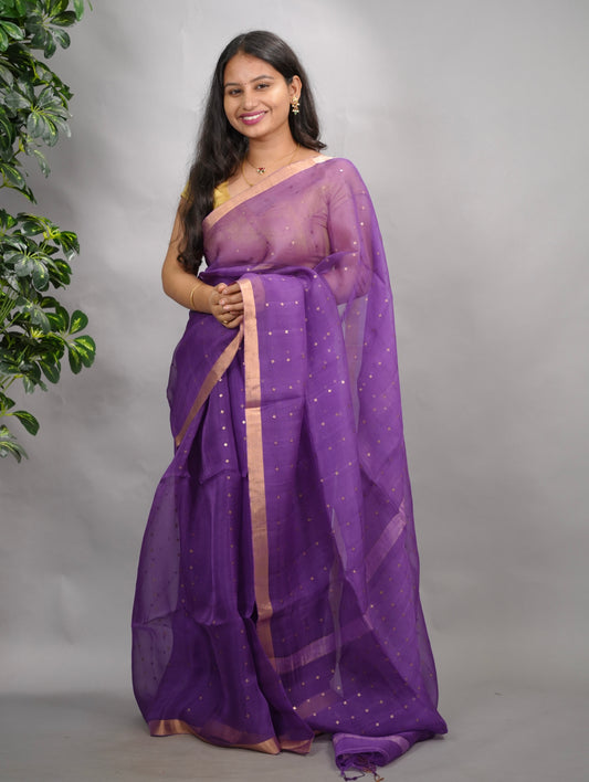 Purple Handwoven Muslin Silk Saree With Sequence Work | Looms & Tassels