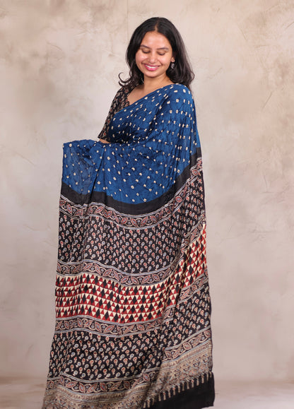Blue Hand Knotted Bandhej Modal Silk Saree with Ajrakh Pallu | Looms & Tassels