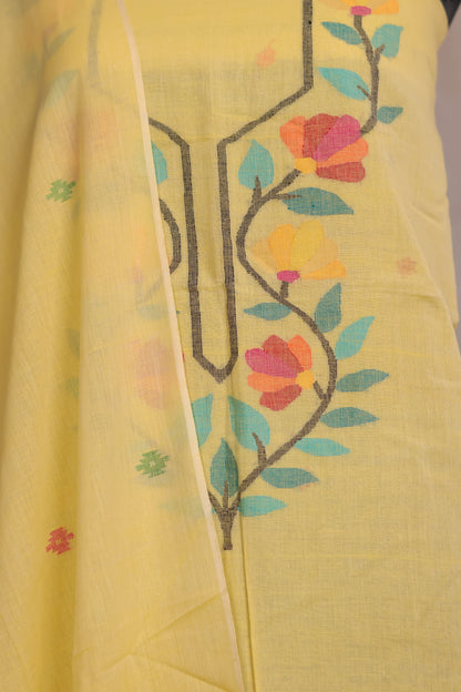 Yellow Handwoven Jamdhani weaving pure Malai cotton 2 piece suit sets | Looms & Tassels