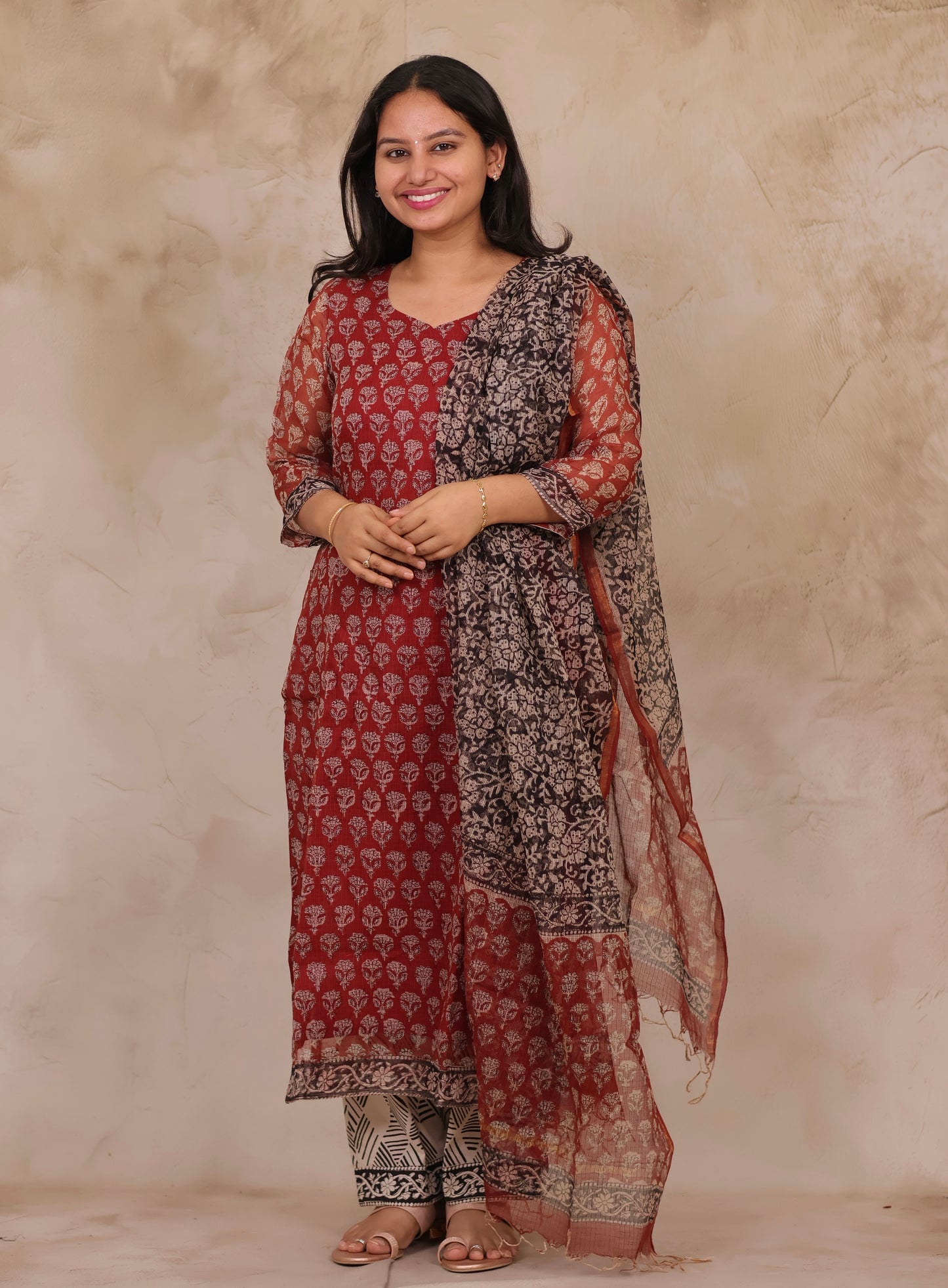 Maroon Handblock printed kota 3 piece suit (stitched)