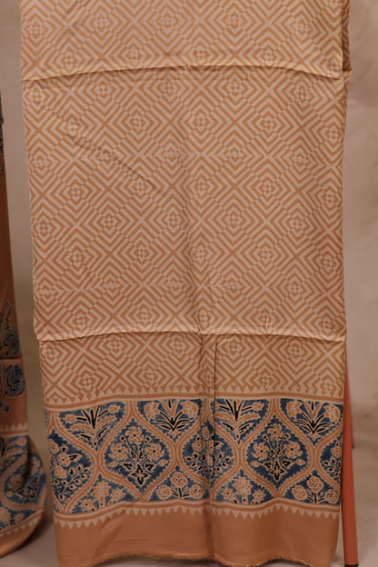 Cream Ajrakh Hand Block Printed Natural Dyed Modal Silk 2 Piece Suit Set | Looms & Tassels