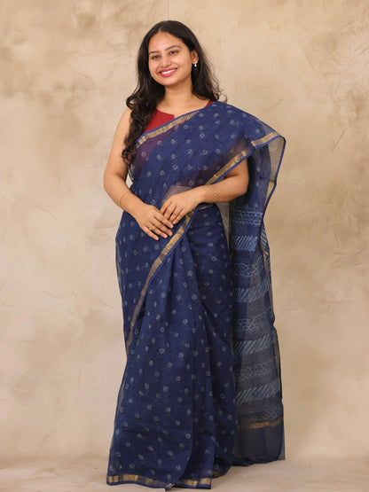 Dark Blue Pure Kota Doria Saree with Bagru Handblock Prints | Looms & Tassels