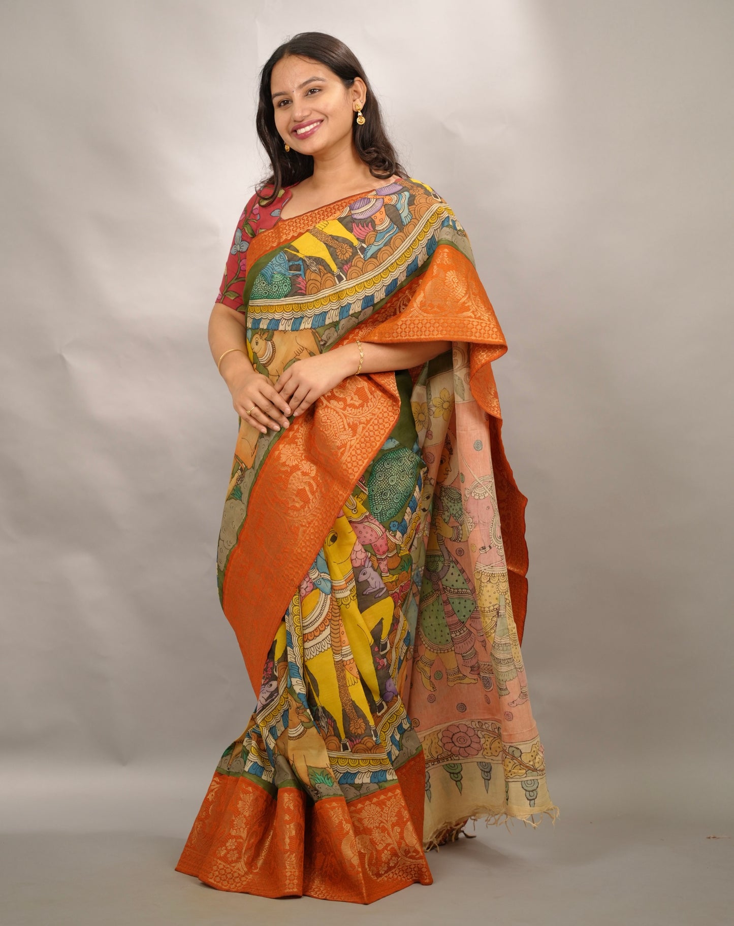 Olive Green Hand Drawn Pen Kalamkari Bangalore Silk Kanchi Border Saree | Looms & Tassels