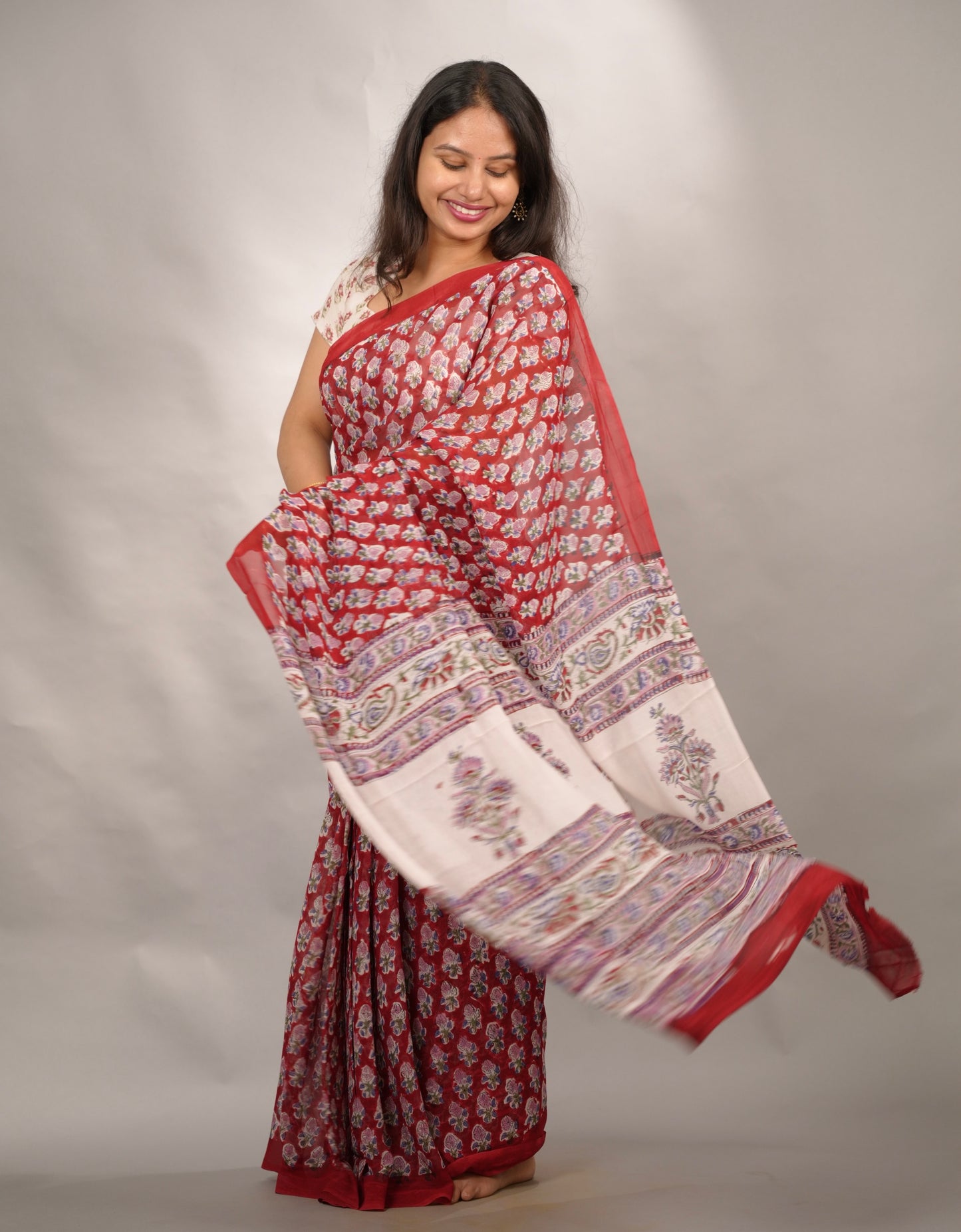 Maroon Georgette Hand Block Printed Saree| Looms & Tassels