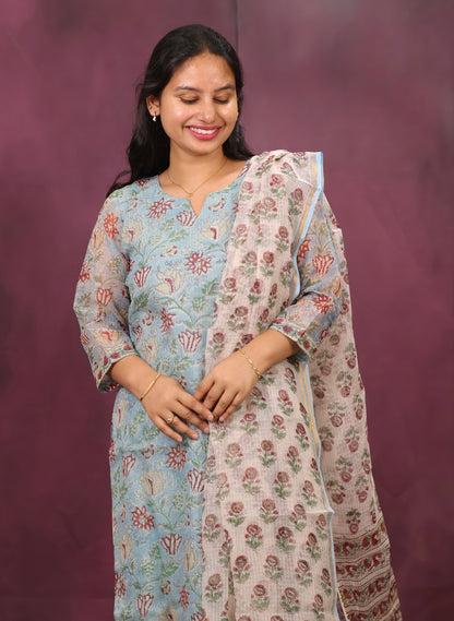 Sky Blue Handblock printed kota 3 piece suit (stitched)
