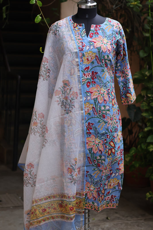 Blue Handblock printed Pure Mul Cotton with Kota Doria Duppata 3 piece suit (stitched)