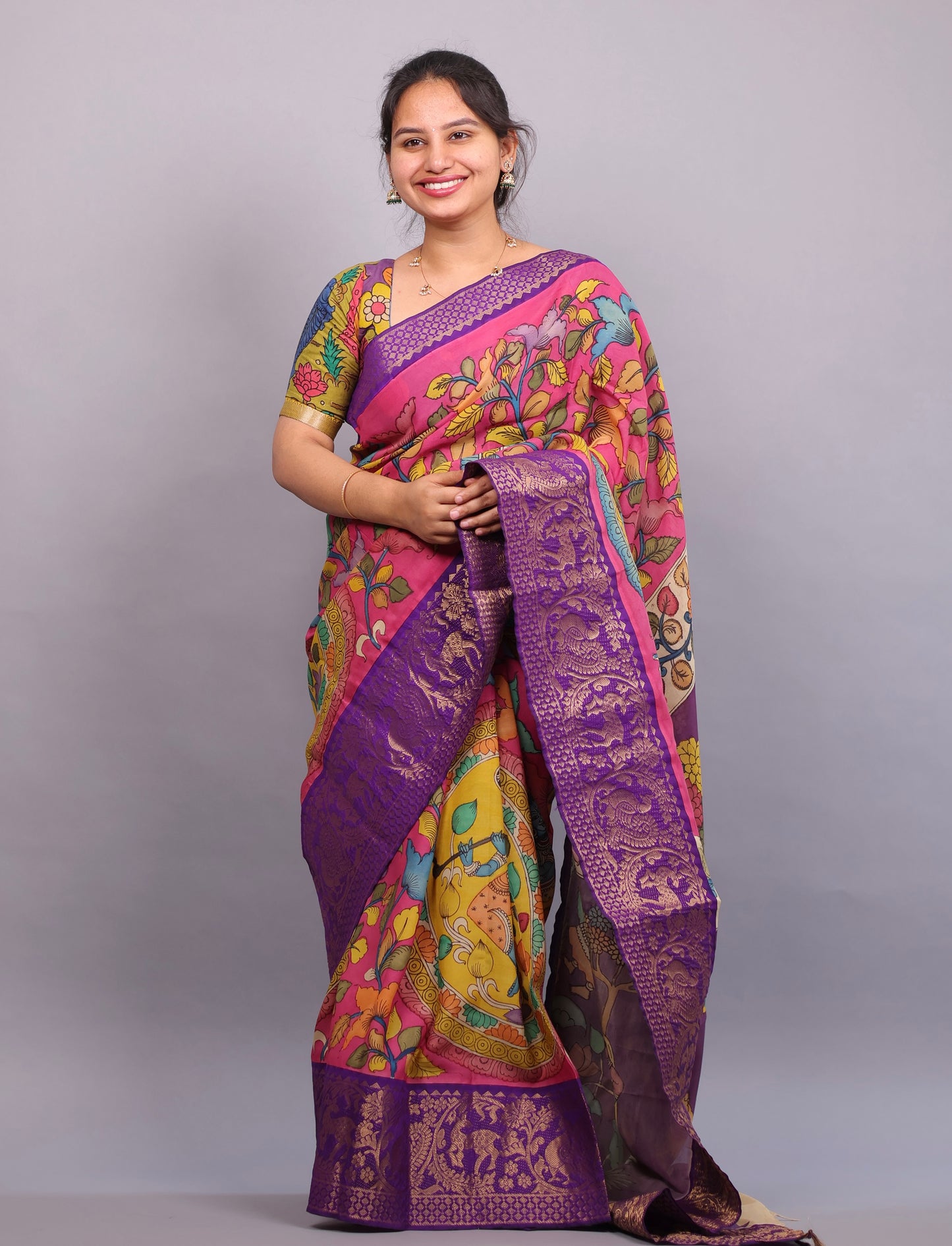 Pink Hand Painted Pen Kalamkari Silk Saree
