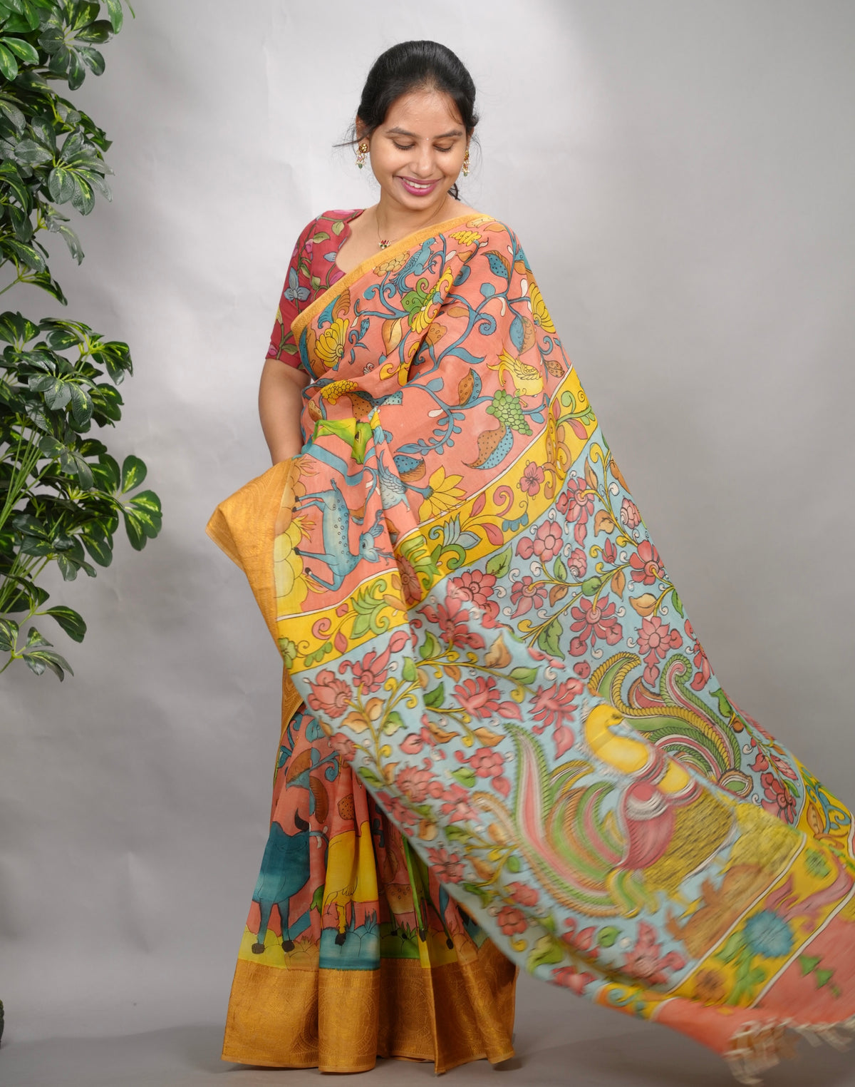 Peach Hand Drawn Pen Kalamkari Bangalore Silk Kanchi Border Saree | Looms & Tassels