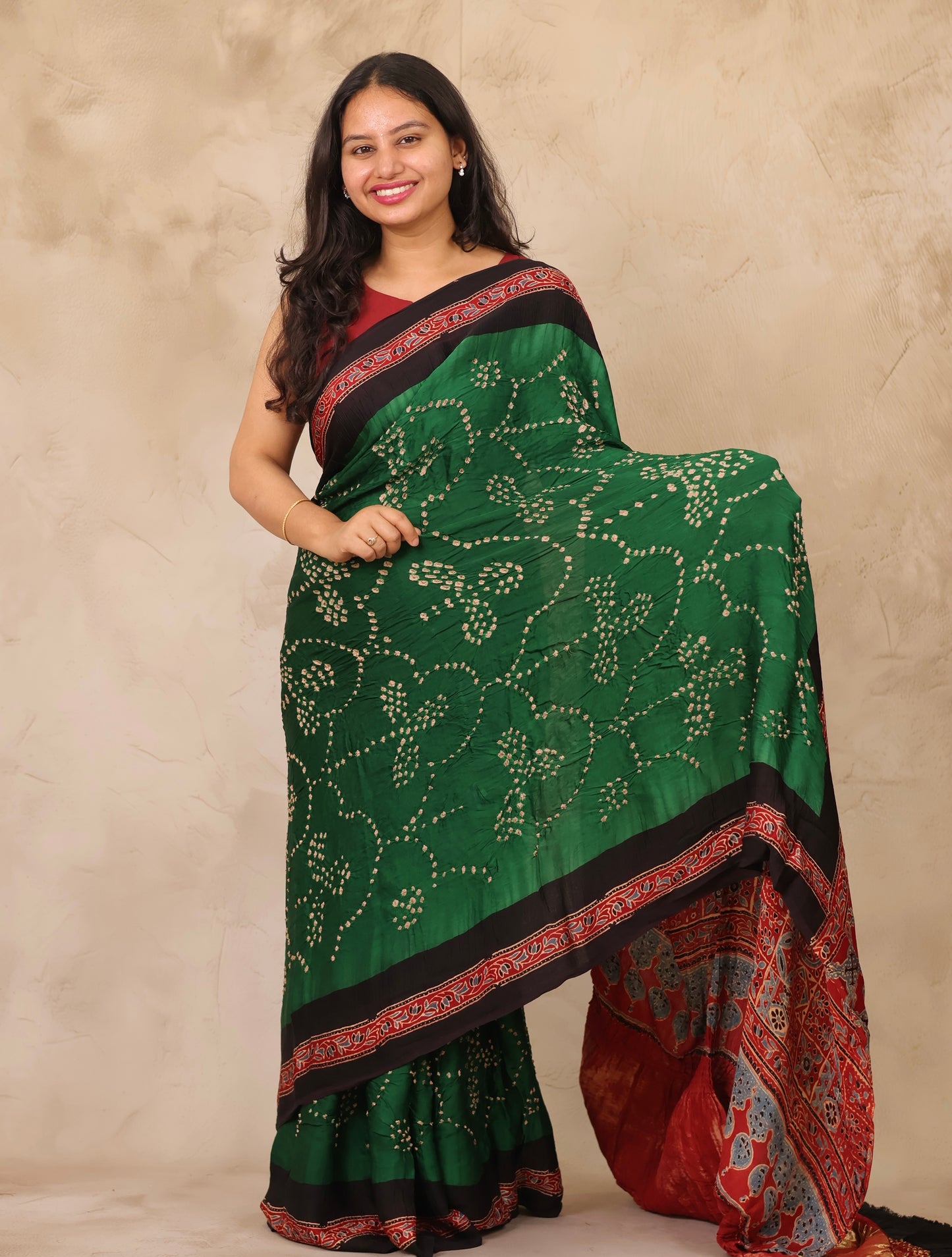 Green Hand Knotted Bandhej Arakh Modal Silk Saree with Lagdi Pallu | Looms & Tassels