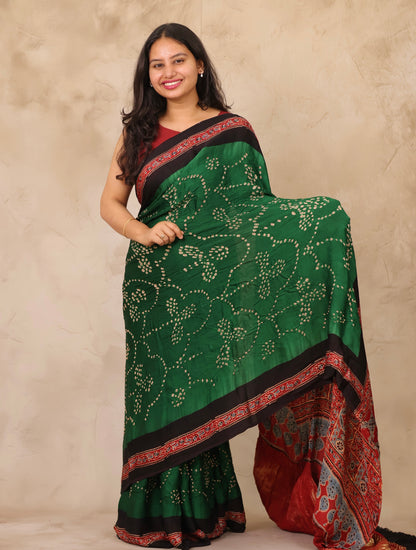 Green Hand Knotted Bandhej Arakh Modal Silk Saree with Lagdi Pallu | Looms & Tassels