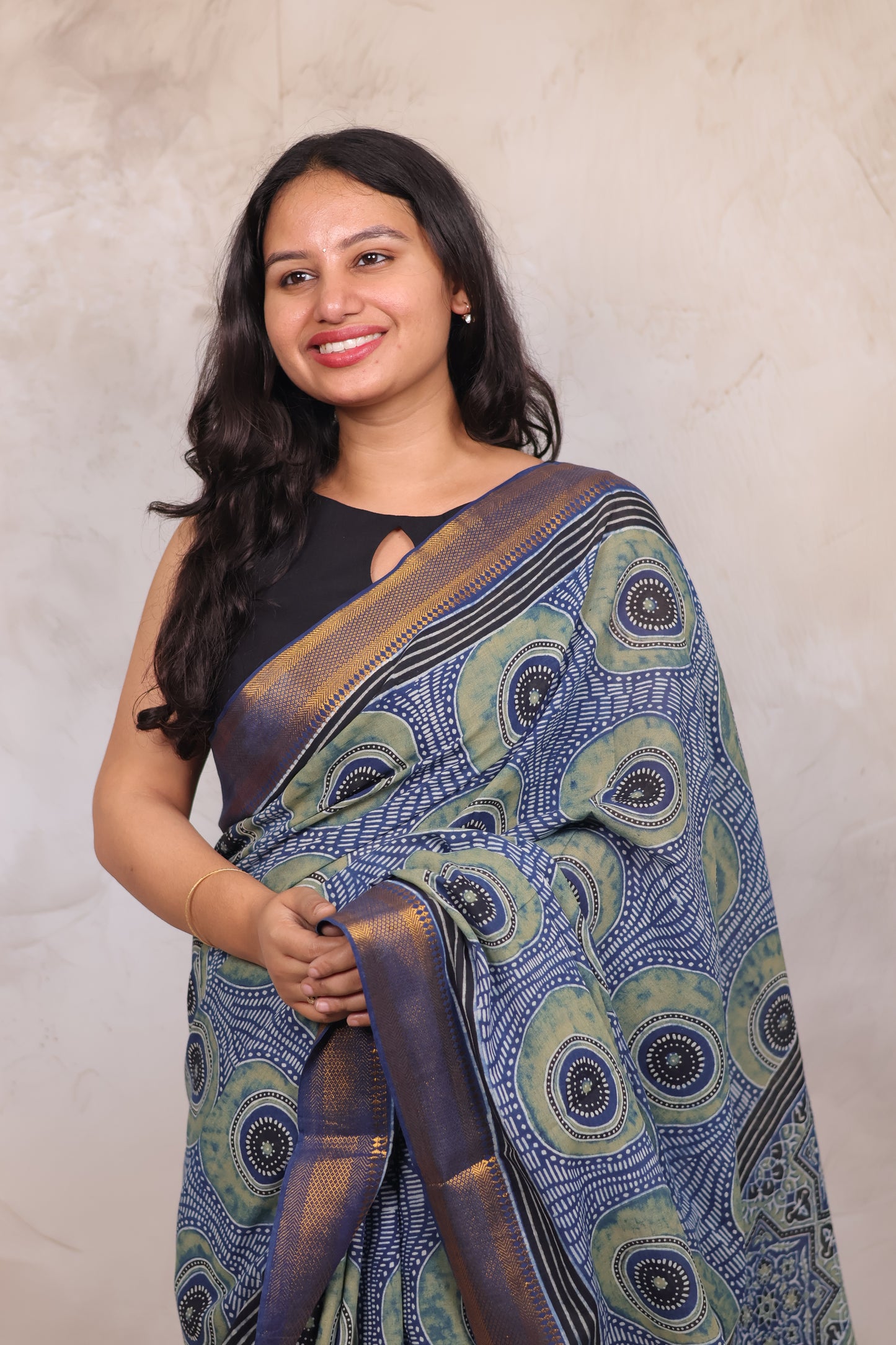 Indigo Ajrakh Hand Block Printed Mangalagiri Cotton Saree | Looms & Tassels
