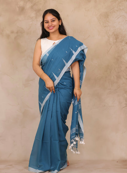 Blue Handwoven Malai Cotton Saree| Looms & Tassels