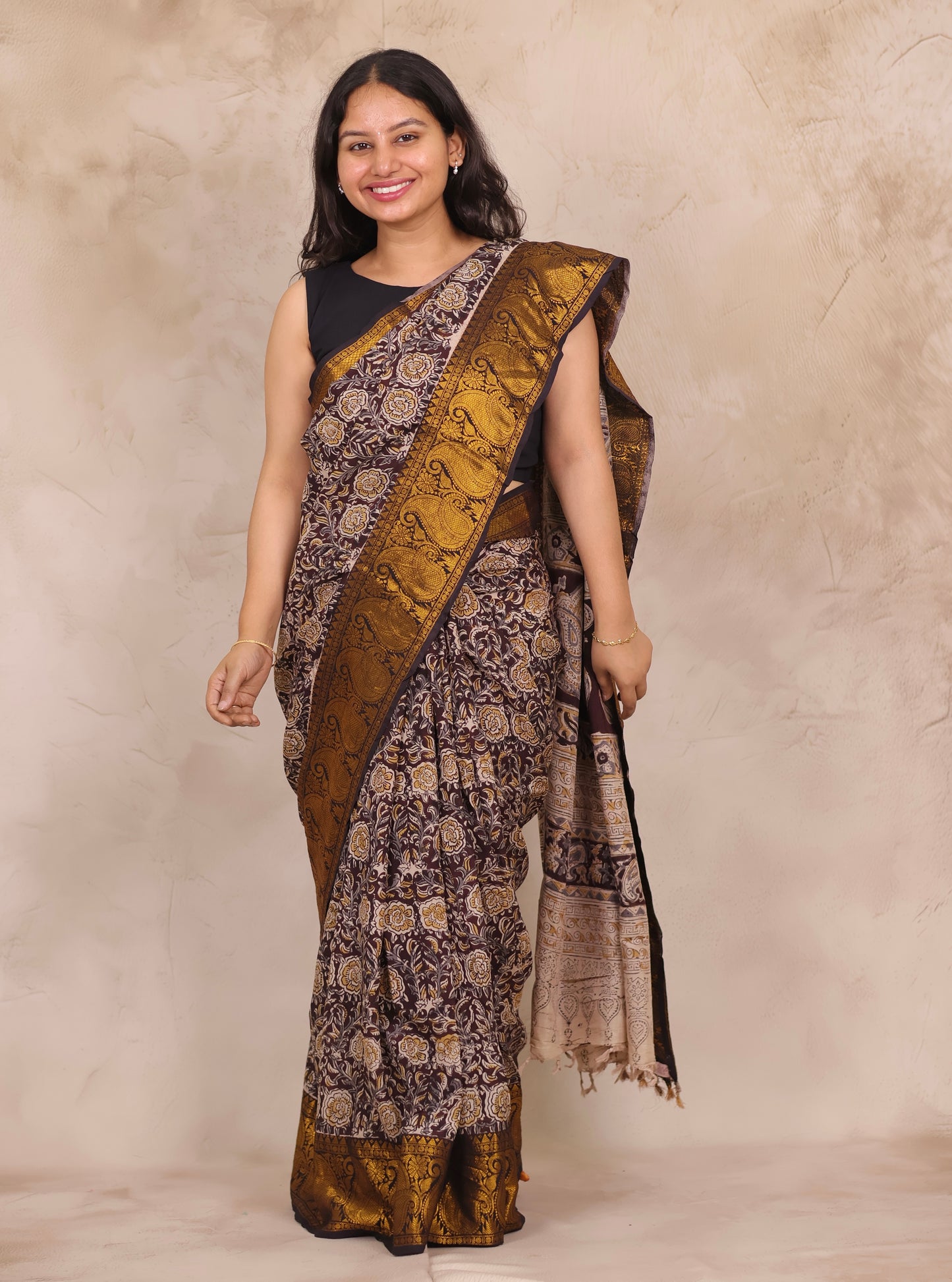 Hand Block Printed Kalamkari Kanchi Border Silk Saree