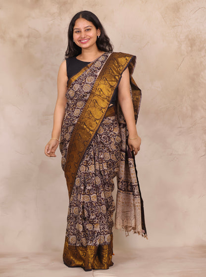 Hand Block Printed Kalamkari Kanchi Border Silk Saree