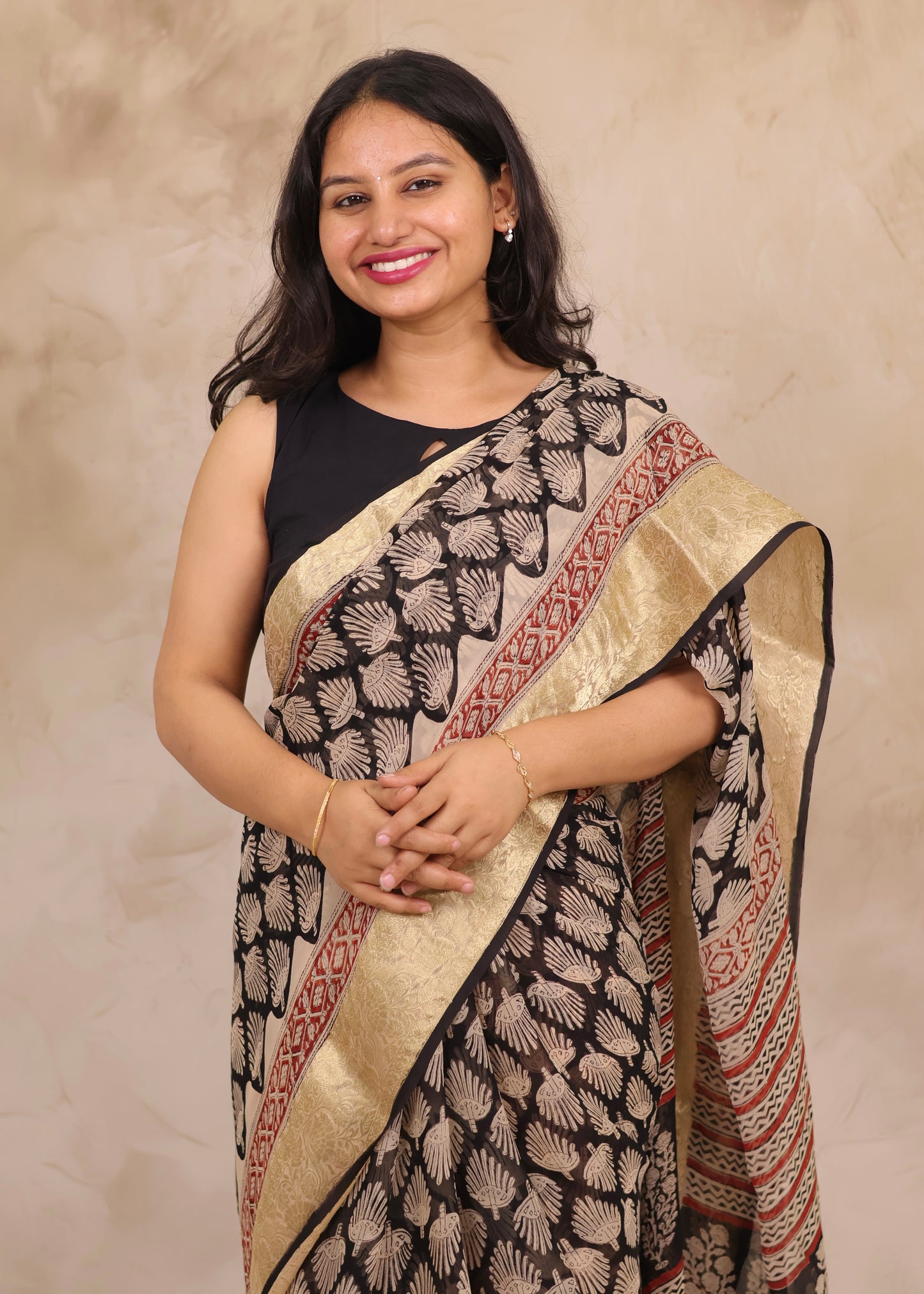 Black Chiffon Hand Block Printed Saree with Jari Border | Looms & Tassels