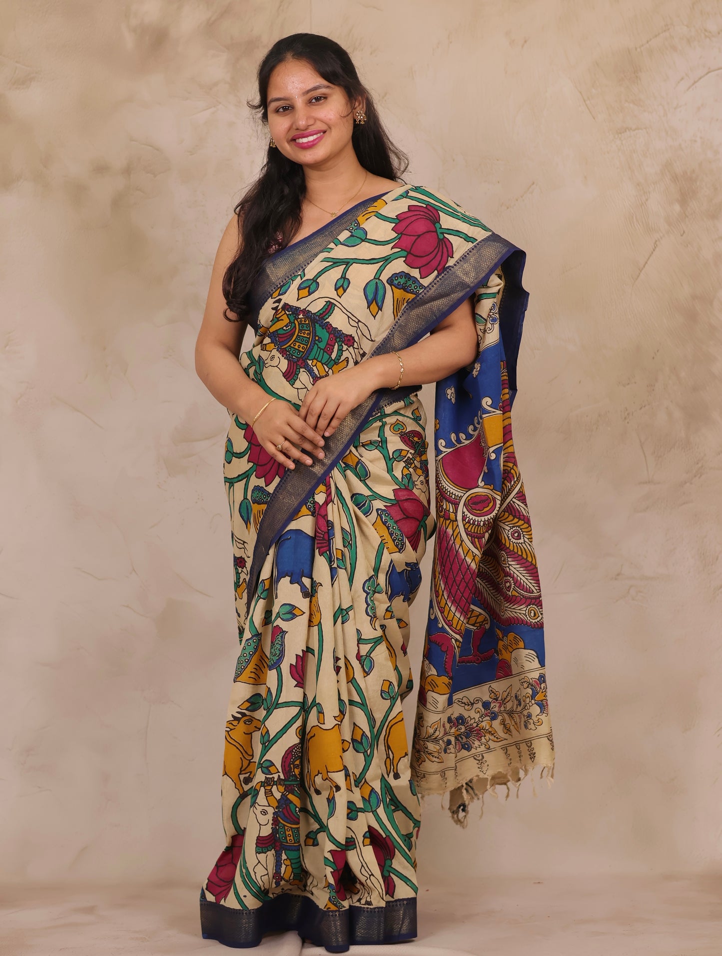 Cream Pichwai Design Kalamkari Nizam Border Chennur Silk Saree | Looms & Tassels