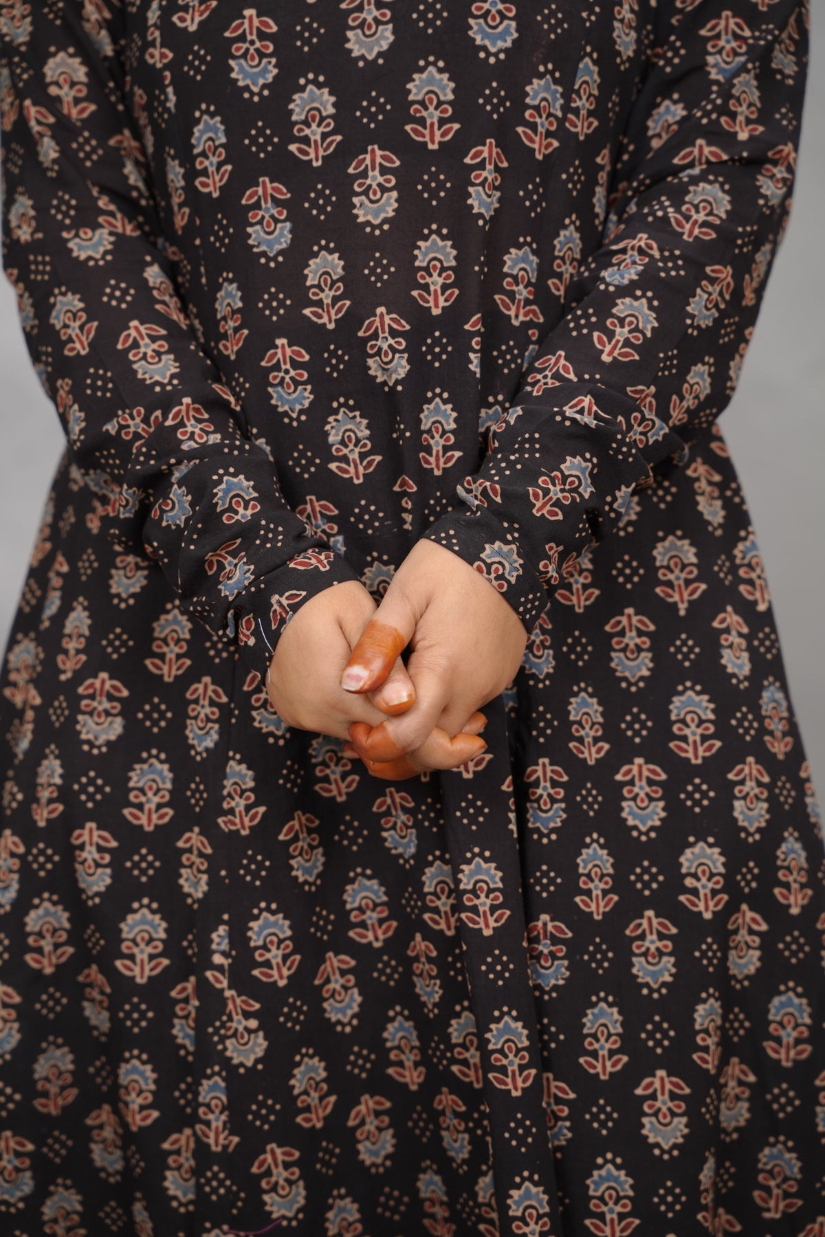 Black Ajrakh Handblock Printed Kali Kurta with Chudi Sleeves