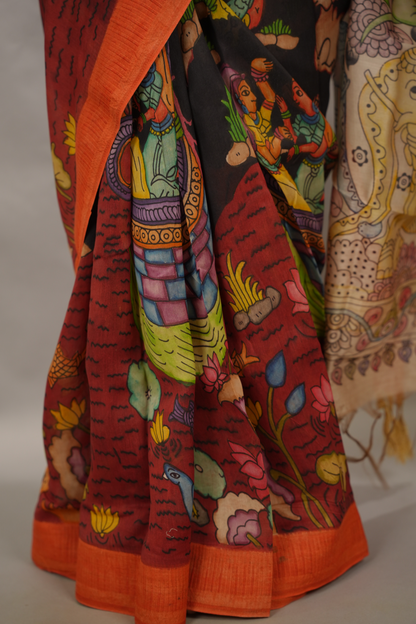 Black Hand Drawn Pen Kalamkari Bangalore Silk Gicha Border Saree | Looms & Tassels