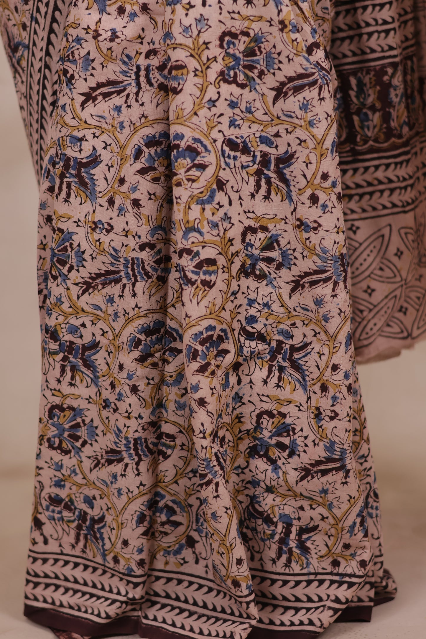 Cream Hand Block Printed Kalamkari Cotton Saree | Looms & Tassels