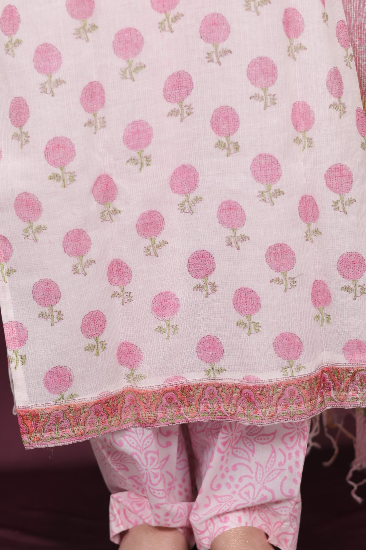 White Handblock printed kota 3 piece suit (stitched)