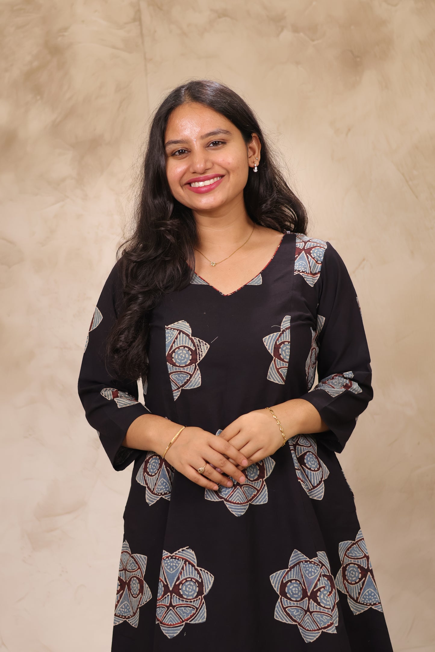 Black Ajrakh Handblock Printed Kali Kurti Co-ord Set (Pure Cotton ) | Looms & Tassels