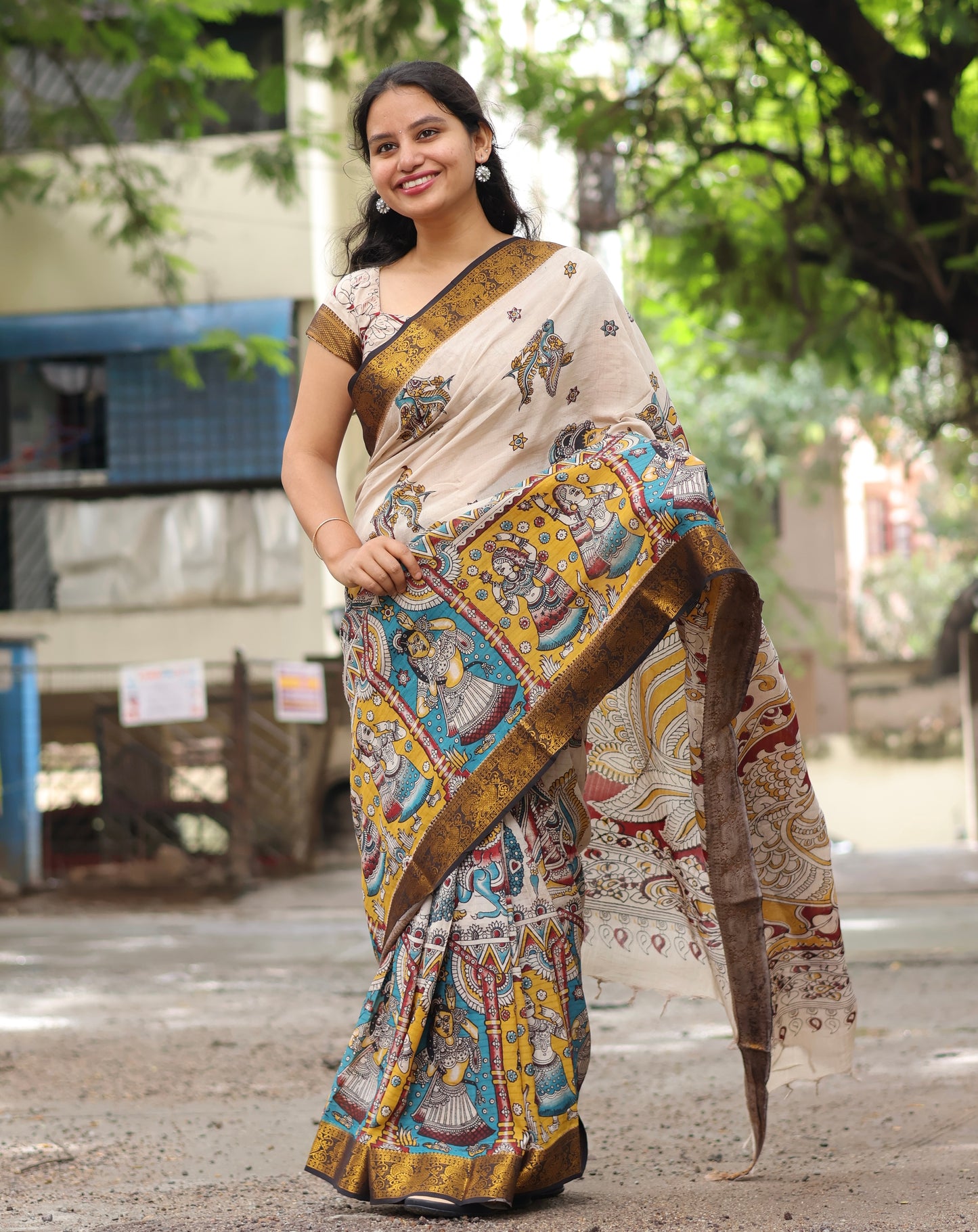 Kanchi Border Kalamkari Chennur Silk Saree