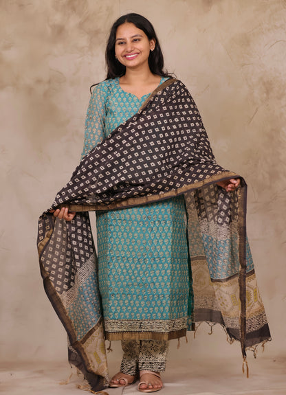 Powder Blue Handblock printed Pure Maheswari Silk 3 piece suit (stitched)