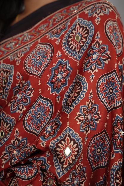 Maroon Ajrakh Modal Silk Hand Embroidery Saree  | Looms & Tassels